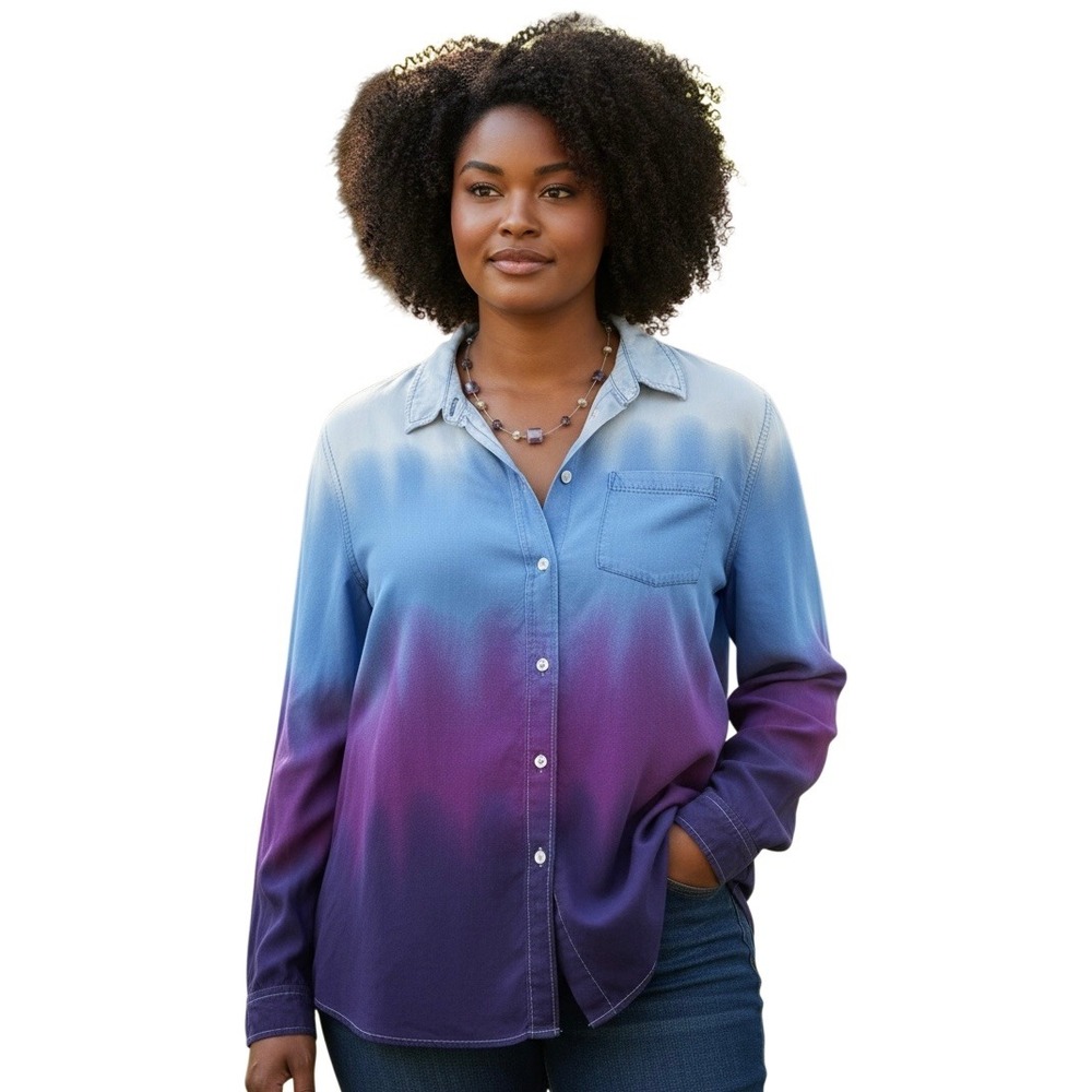 Beachlunchlounge Ombre Dip Dye Viscose Button Down Shirt Chalanna Blue Purple XL